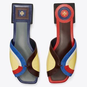 Tory Burch $348 Marquetry Slide Sandals Blue Red Brown 6 6.5 10